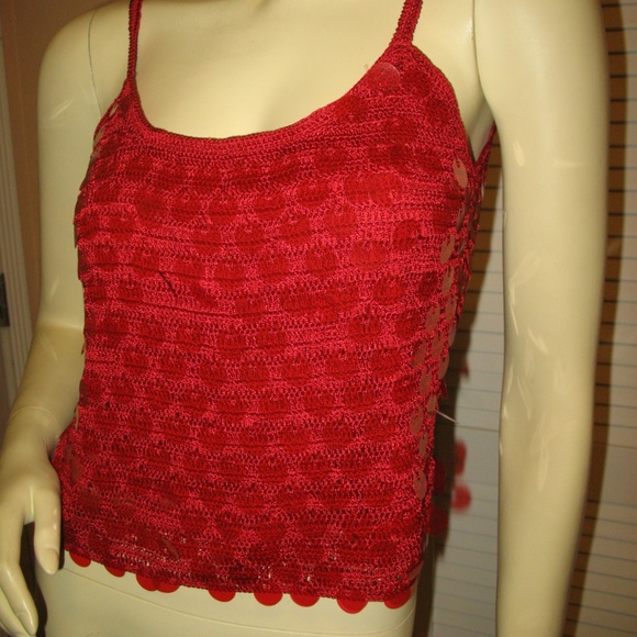 New Vintage Y2K 90s Rampage Red Spaghetti Embellished Top Cami Knit Crochet Glam - Picture 4 of 8